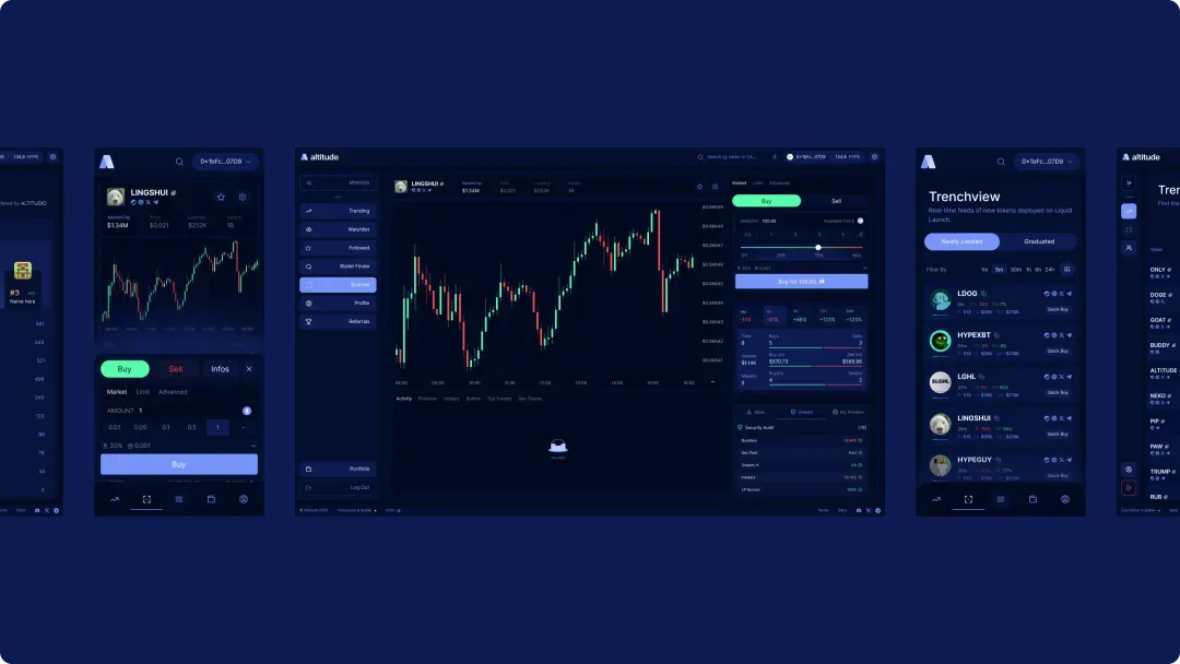 Cryptocurrency trading platform screens showing market charts, buy/sell options, and token lists in dark mode.