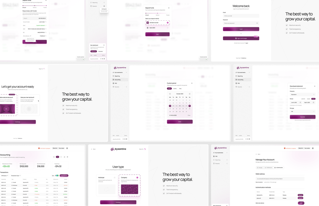 Dashboard screens showing account setup, deposit, login, report, calendar, and security settings for investment platform.