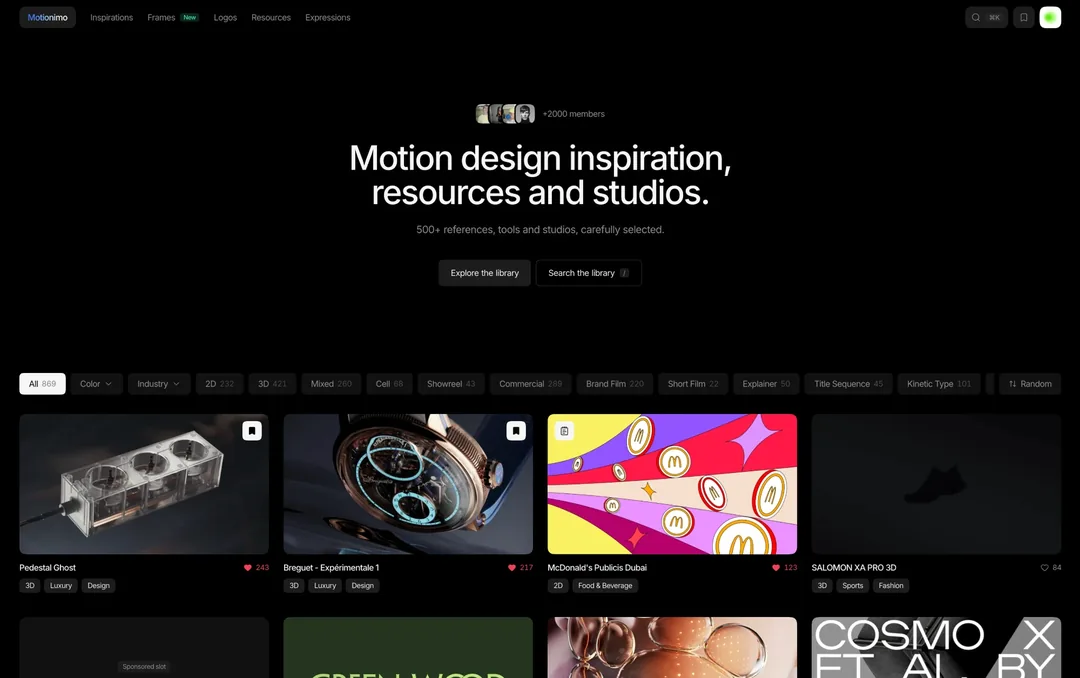 Motionimo home page: motion design inspiration, resources and studios, with category filters and video thumbnails.