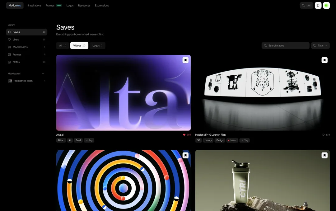 Motionimo Saves page: bookmarked videos with tags, moodboards and a library sidebar.